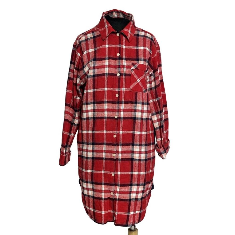 Sonoma Womens Plaid Button-Down Tunic Shirt M Red & Navy Cotton/Polyester